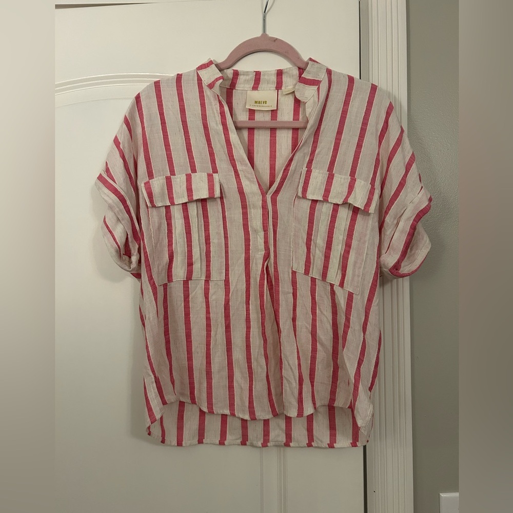 Anthropologie Maeve Amira Striped Linen Blend Top Ivory Pink - Picture 2 of 6